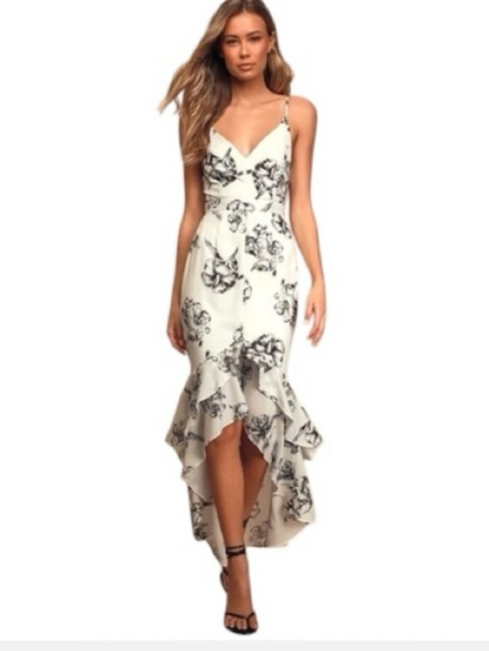 Lulu's Darling Daylily White & Gray Floral V-neck Hi Low Hem Maxi Dress Size L